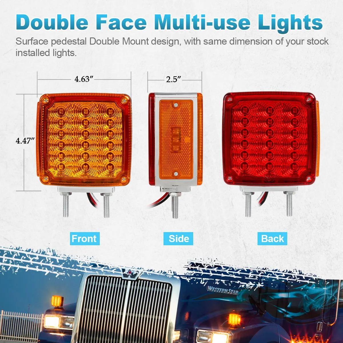 Partsam 2x Truck Trailer Square Double Face Pedestal Stop Turn Tail Light Amber / Red 39 LED for Trucks