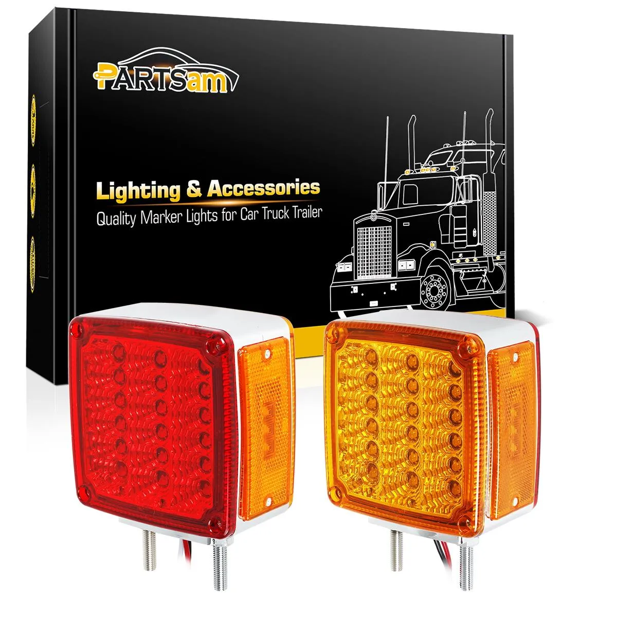 Partsam 2x Truck Trailer Square Double Face Pedestal Stop Turn Tail Light Amber / Red 39 LED for Trucks