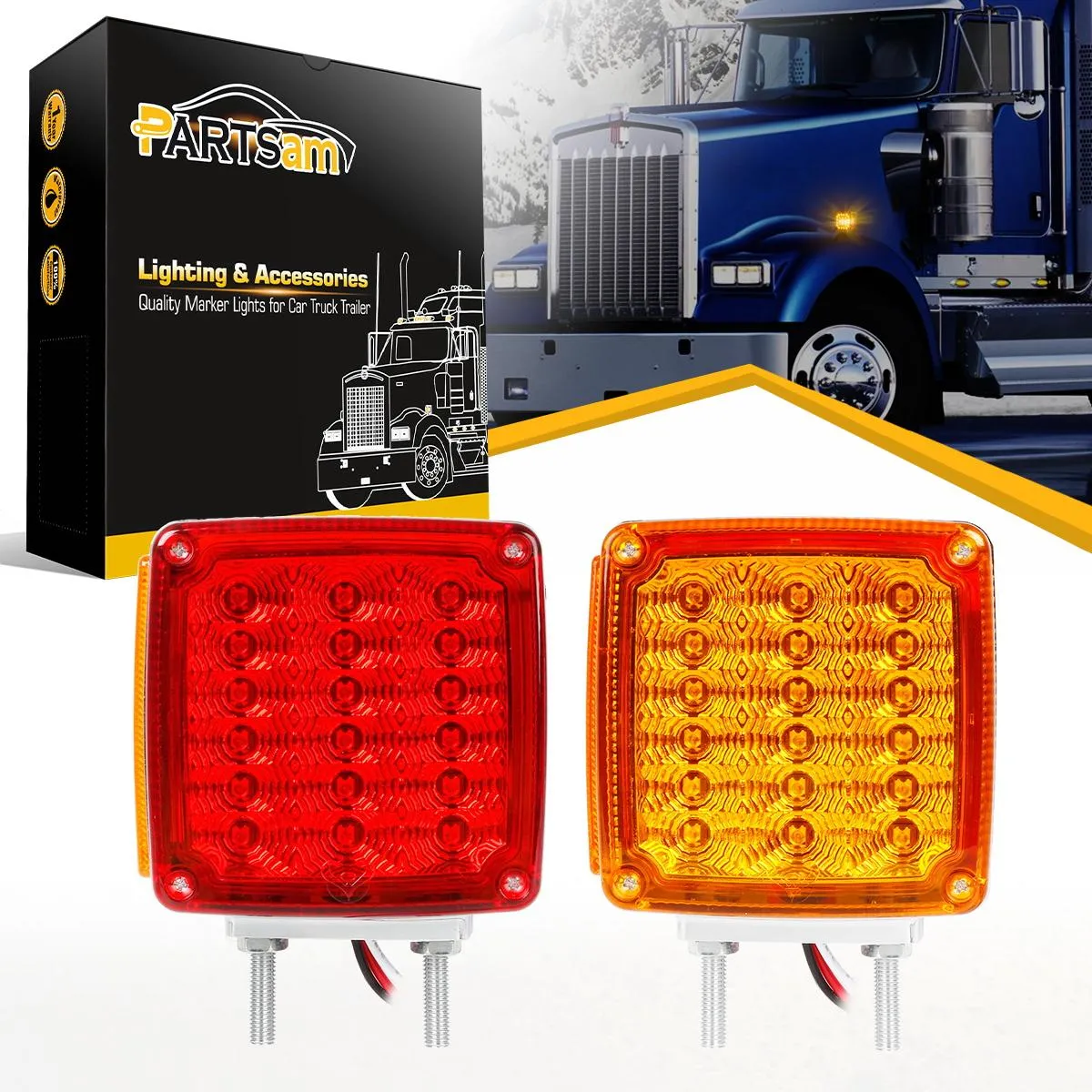 Partsam 2x Truck Trailer Square Double Face Pedestal Stop Turn Tail Light Amber / Red 39 LED for Trucks