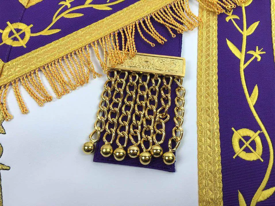 Past Master Blue Lodge Apron - White & Purple with Gold Machine Embroidery