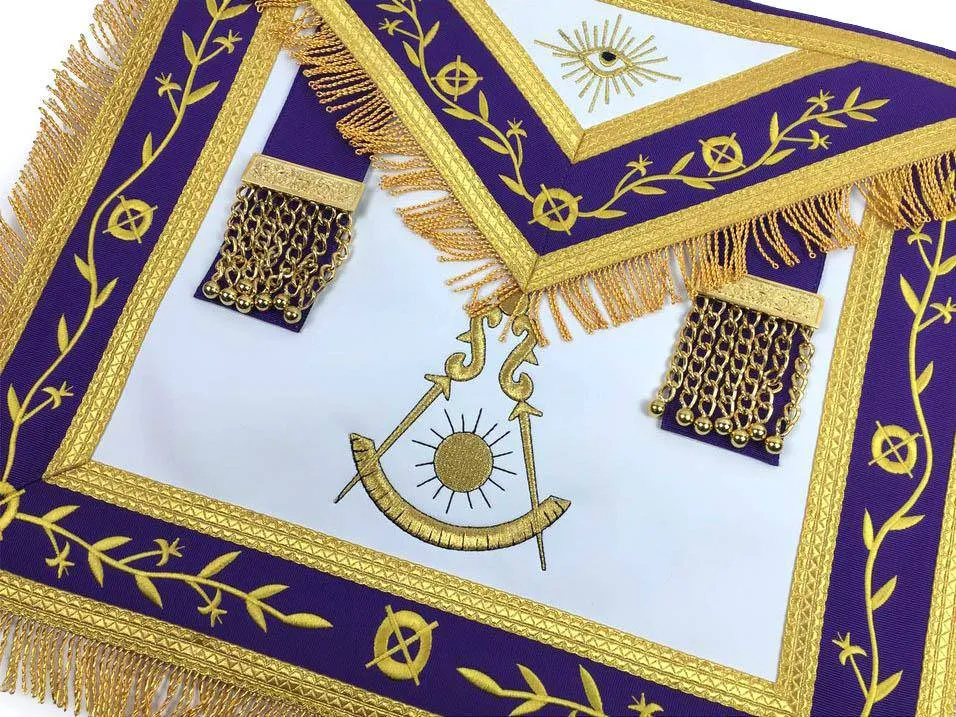 Past Master Blue Lodge Apron - White & Purple with Gold Machine Embroidery