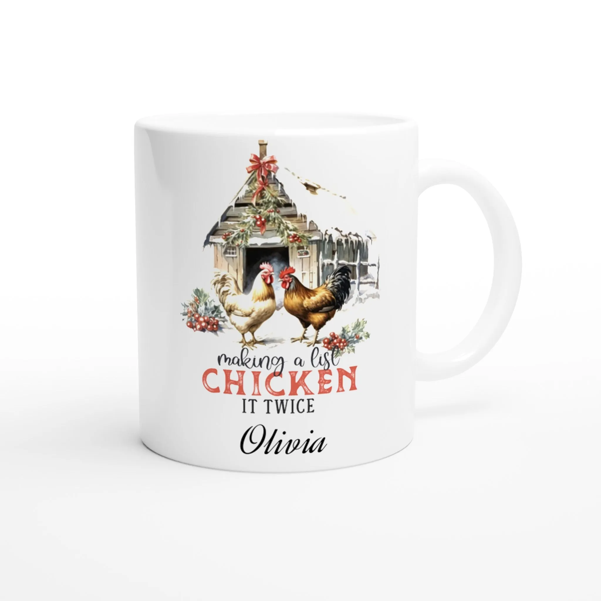 Personalised Christmas White 11oz Ceramic Mug Making a List Chicken it Twice