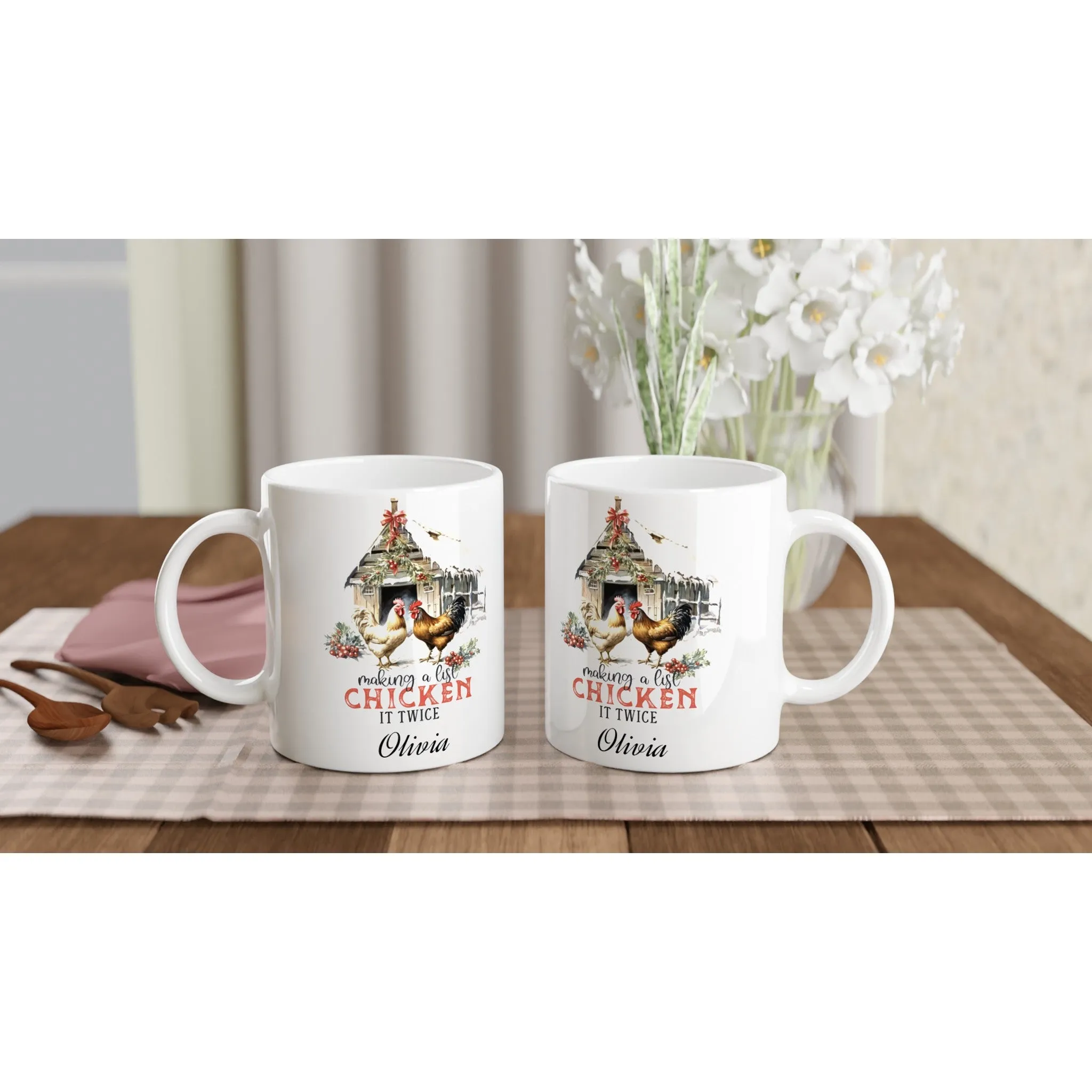 Personalised Christmas White 11oz Ceramic Mug Making a List Chicken it Twice