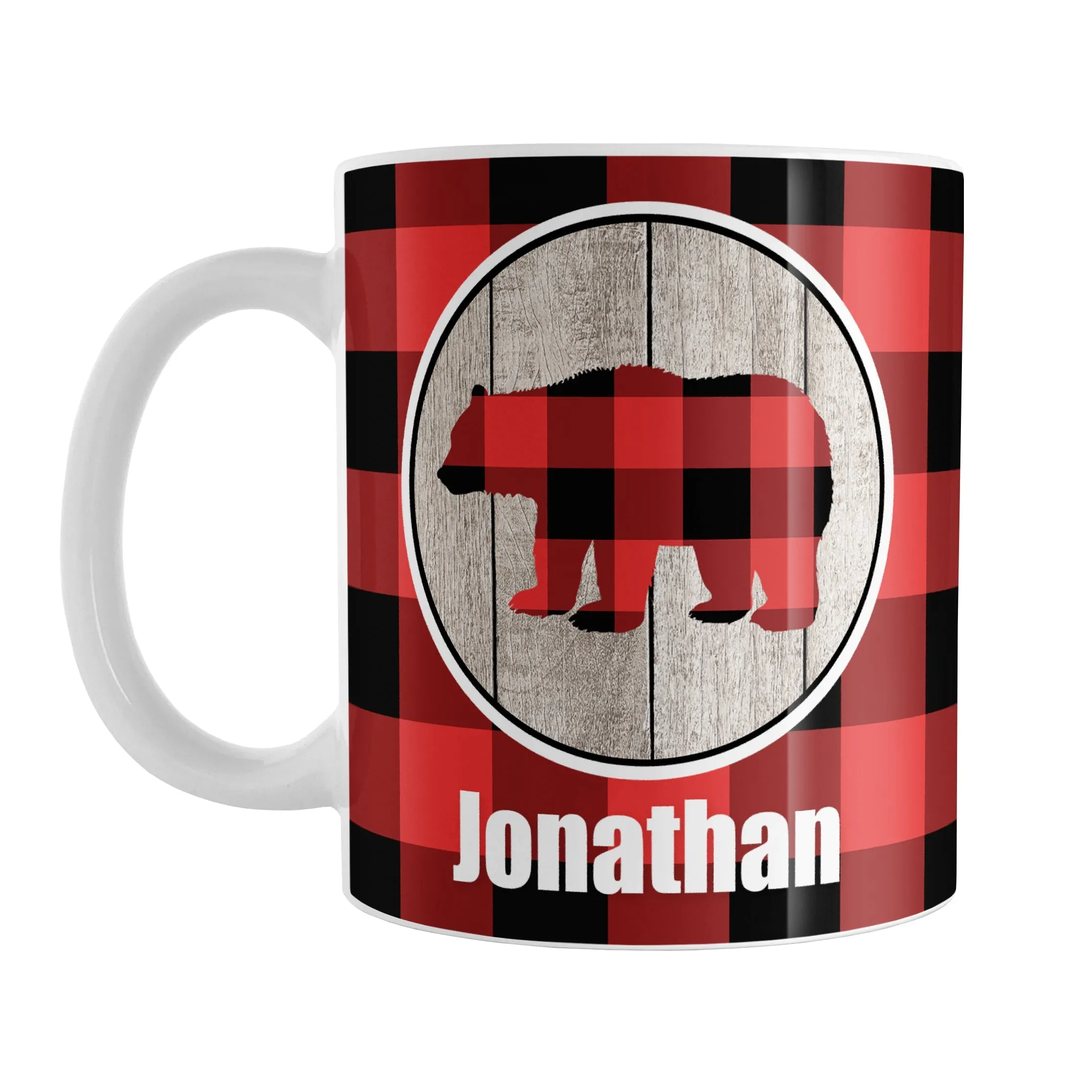 Personalized Rustic Red Buffalo Plaid Bear Mug