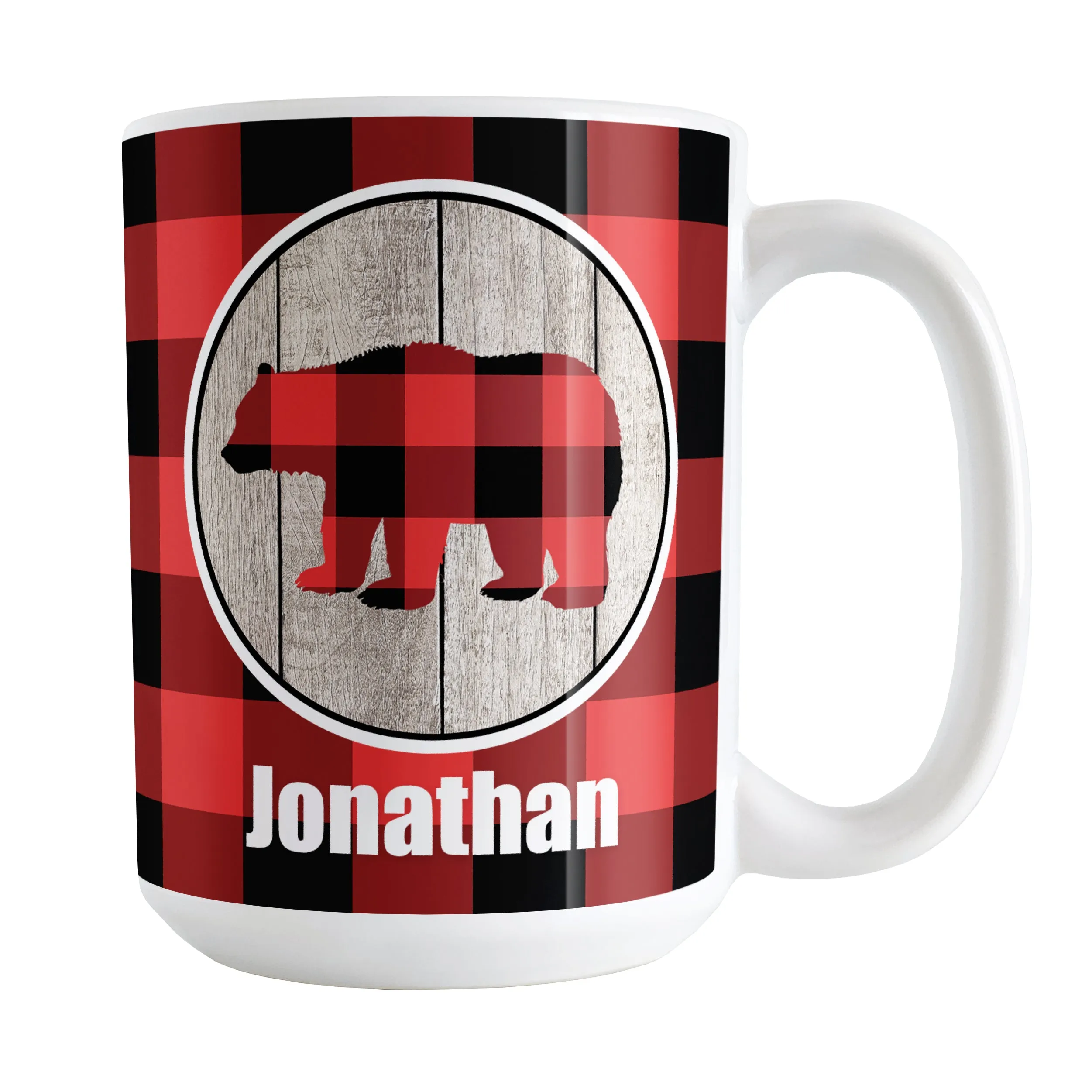 Personalized Rustic Red Buffalo Plaid Bear Mug