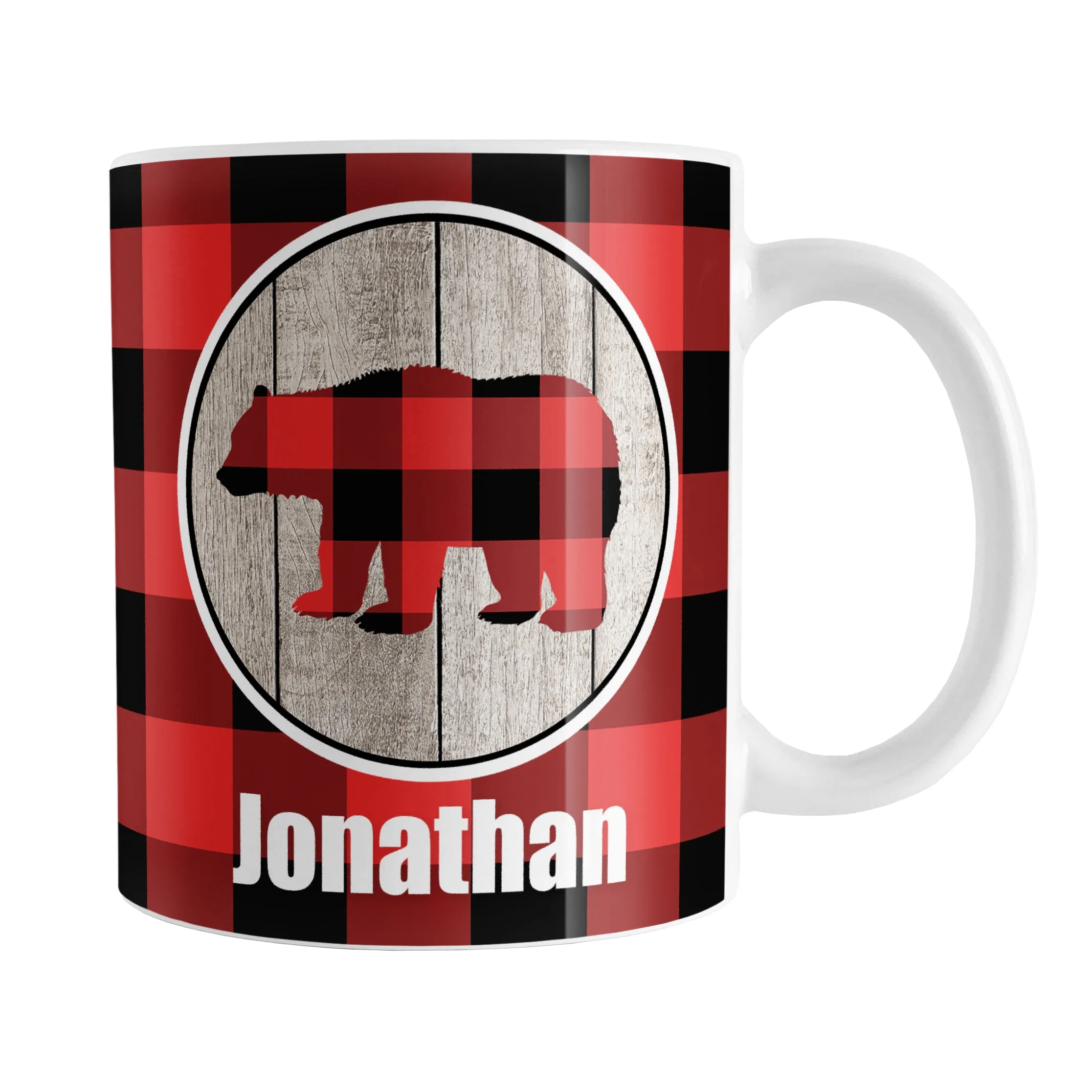 Personalized Rustic Red Buffalo Plaid Bear Mug