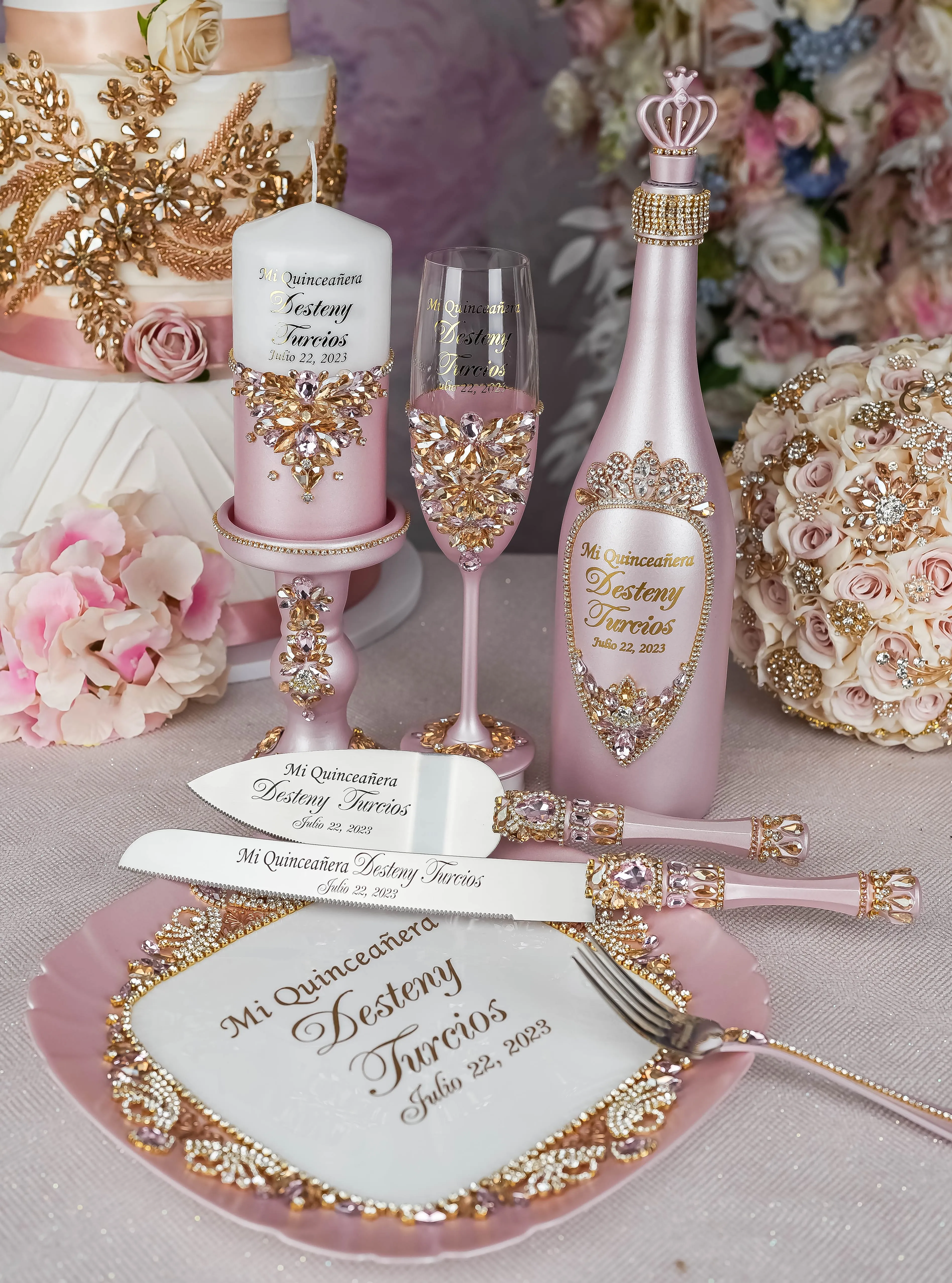 Pink and Gold quinceanera brindis package with bottle