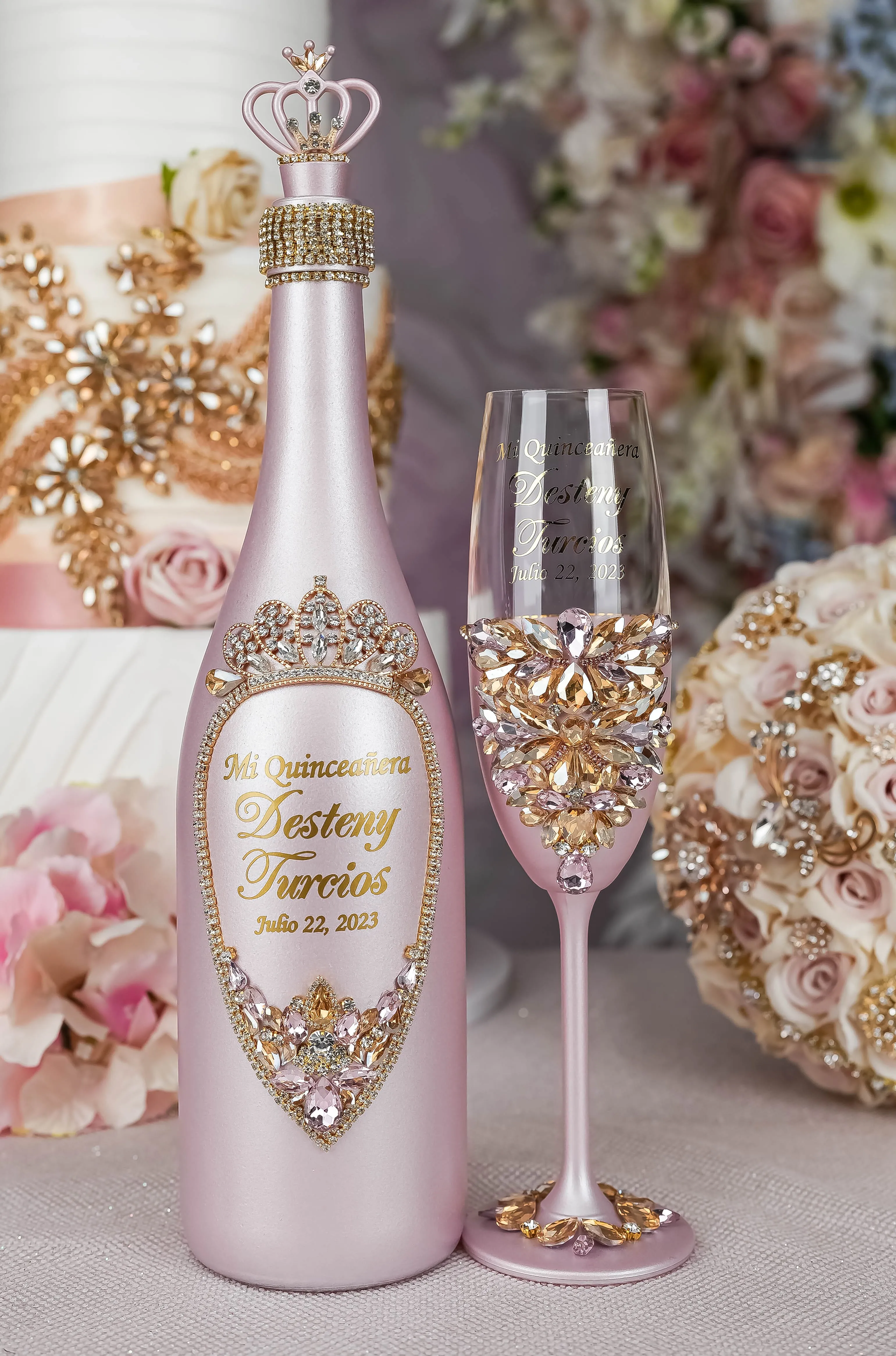 Pink and Gold quinceanera brindis package with bottle