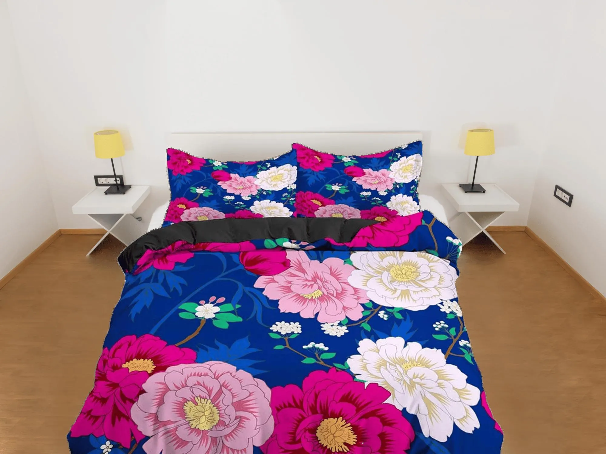 Pink peony floral bedding blue, luxury duvet cover queen, king, boho duvet, designer bedding, aesthetic bedding, maximalist decor bedding