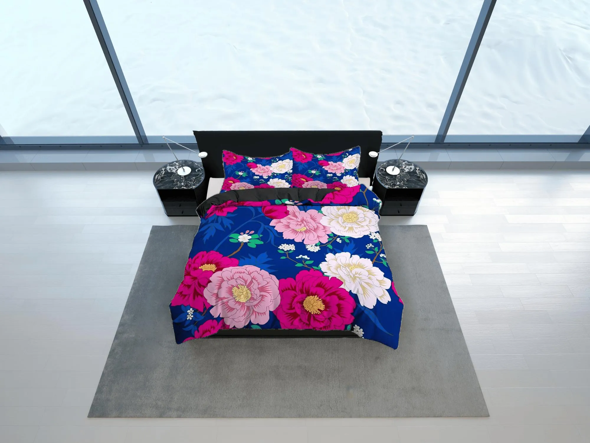 Pink peony floral bedding blue, luxury duvet cover queen, king, boho duvet, designer bedding, aesthetic bedding, maximalist decor bedding