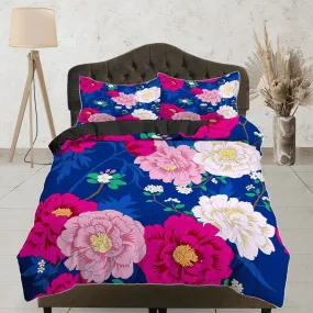 Pink peony floral bedding blue, luxury duvet cover queen, king, boho duvet, designer bedding, aesthetic bedding, maximalist decor bedding