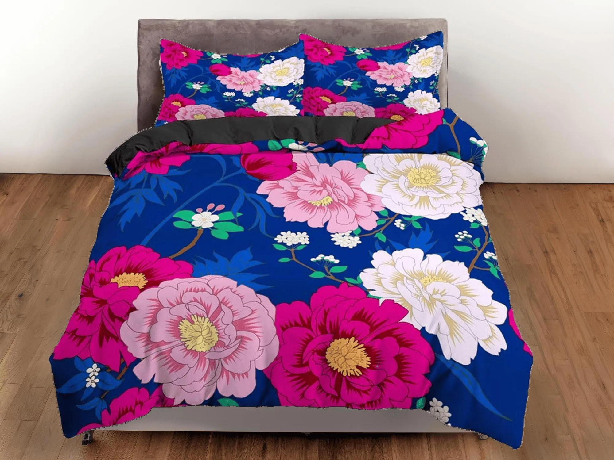 Pink peony floral bedding blue, luxury duvet cover queen, king, boho duvet, designer bedding, aesthetic bedding, maximalist decor bedding