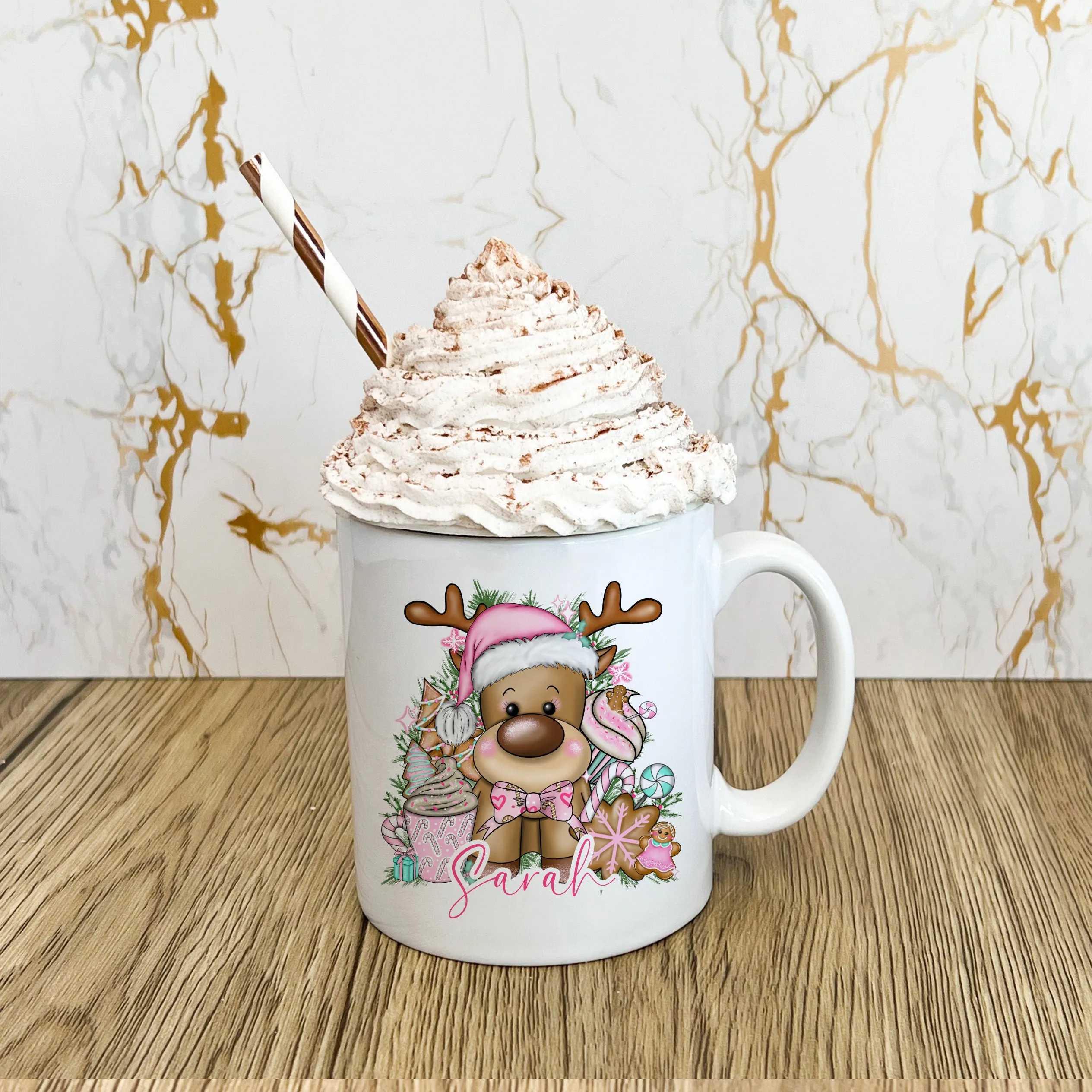 Pink Reindeer Christmas Mug