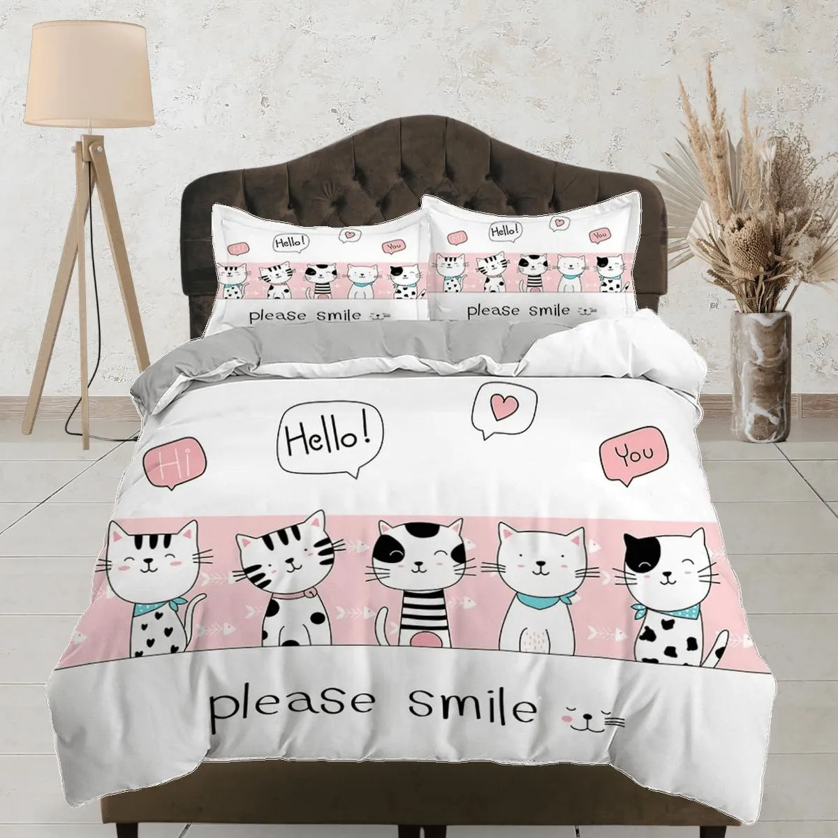 Please smile pink cat bedding, toddler bedding, kids duvet cover set, gift for cat lovers, baby bedding, baby shower gift