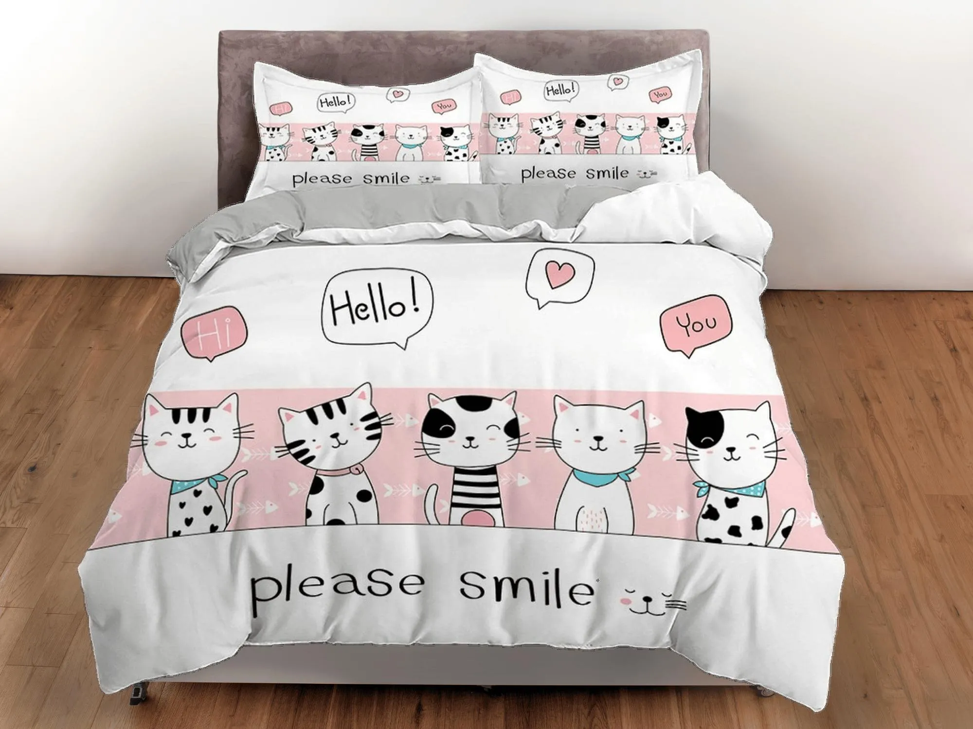 Please smile pink cat bedding, toddler bedding, kids duvet cover set, gift for cat lovers, baby bedding, baby shower gift