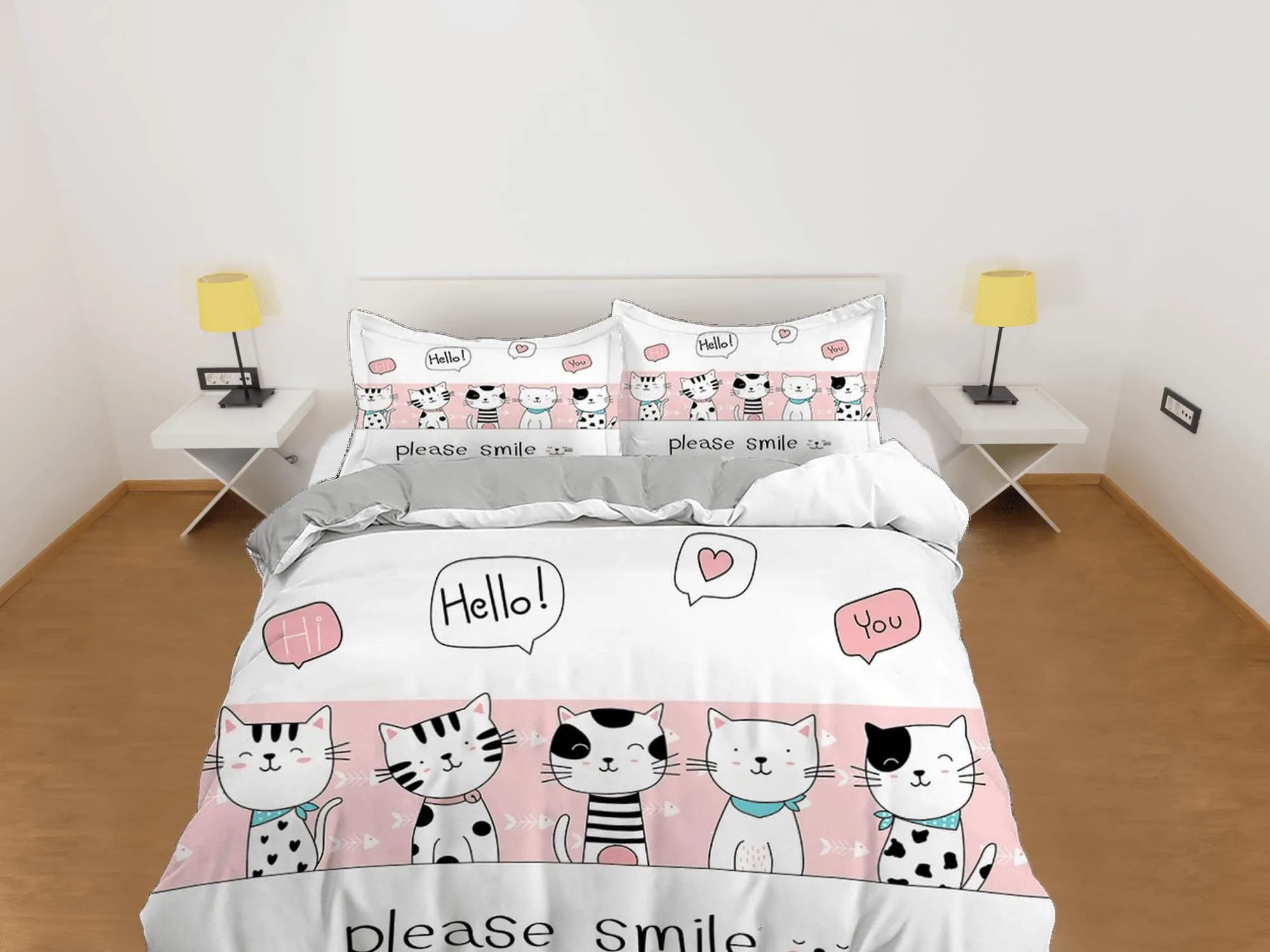 Please smile pink cat bedding, toddler bedding, kids duvet cover set, gift for cat lovers, baby bedding, baby shower gift