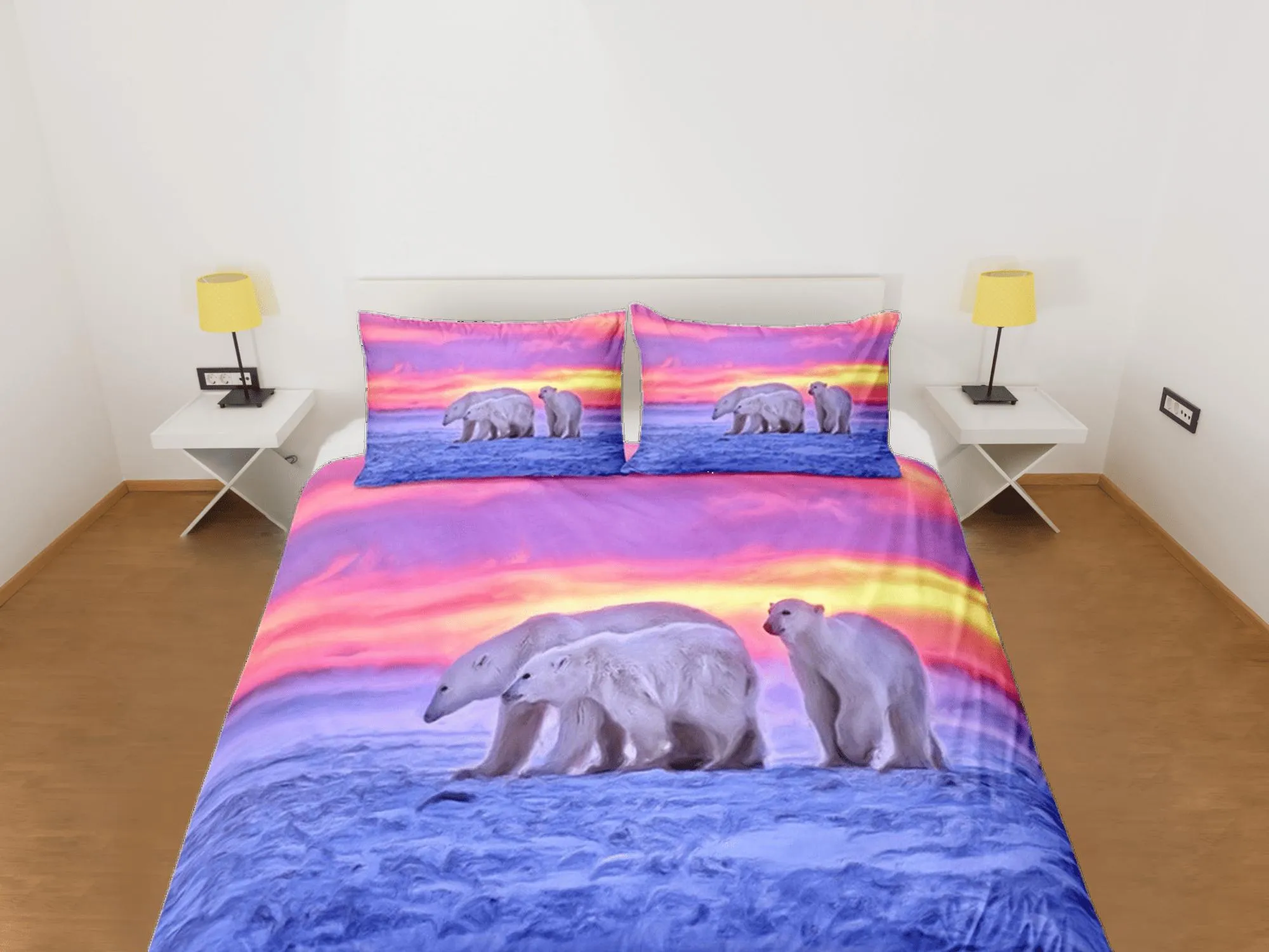 Polar Bears Duvet Cover Set Cute Bedspread, Winter Dorm Bedding with Pillowcase