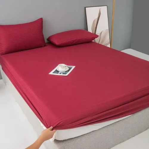 Premium 6 Piece King Size Duvet Cover Satin Stripe Berry Red.