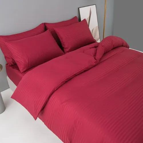 Premium 6 Piece King Size Duvet Cover Satin Stripe Berry Red.