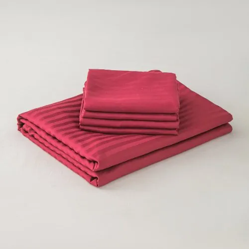 Premium 6 Piece King Size Duvet Cover Satin Stripe Berry Red.