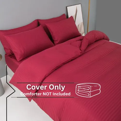 Premium 6 Piece King Size Duvet Cover Satin Stripe Berry Red.