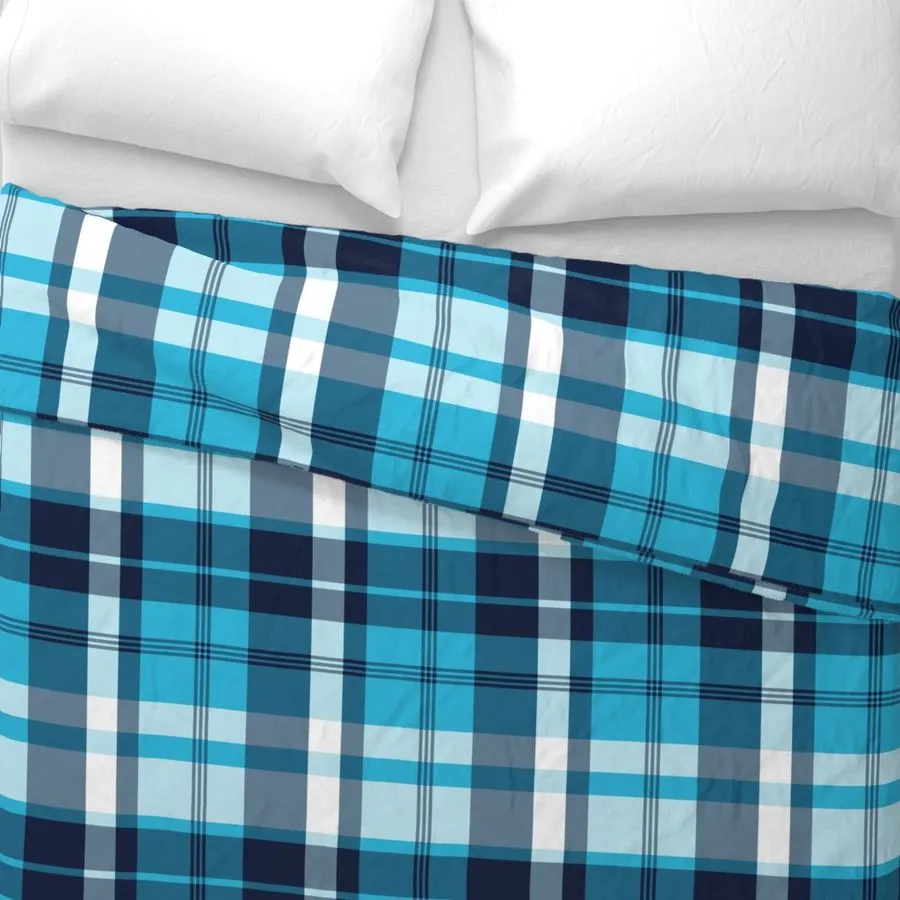 Preppy Surfer Navy Blue and Aqua Plaid Duvet Cover