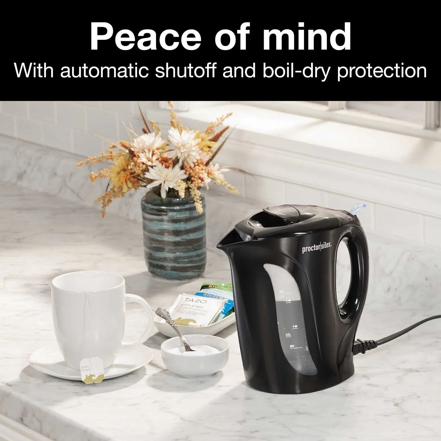 Proctor Silex Electric Tea Kettle, Water Boiler & Heater, 1L, Auto-Shutoff & Boil-Dry Protection, (Black) - K2071PS