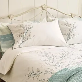 Pussy Willow Embroidered Duck Egg Duvet Cover