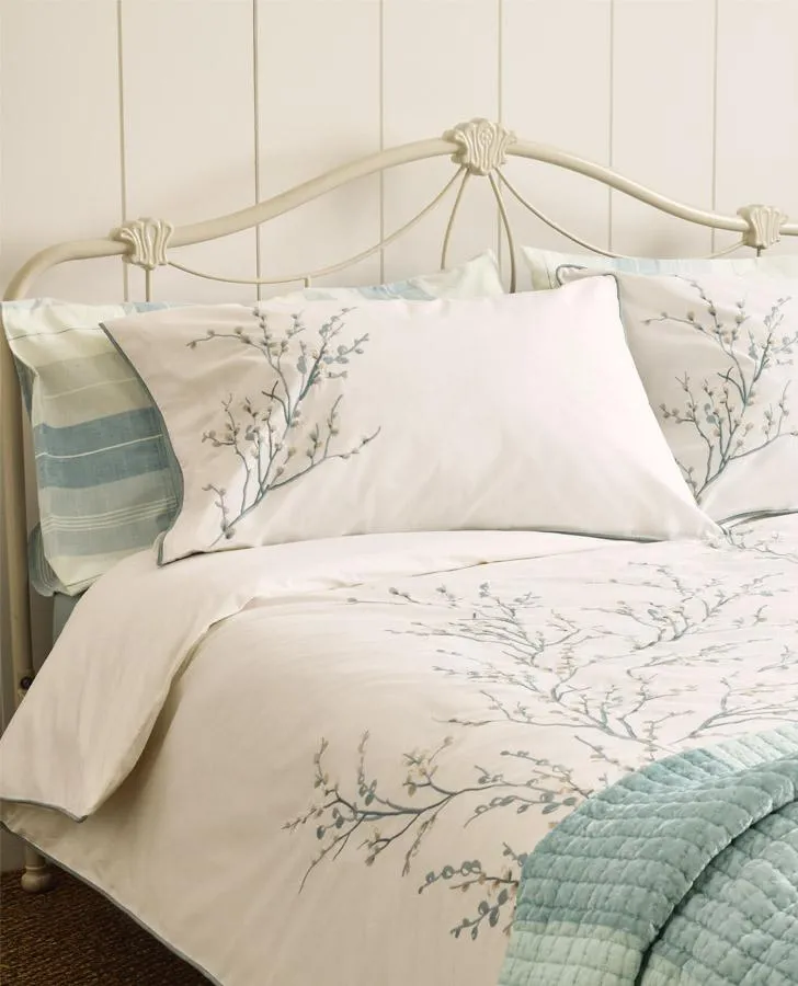 Pussy Willow Embroidered Duck Egg Duvet Cover