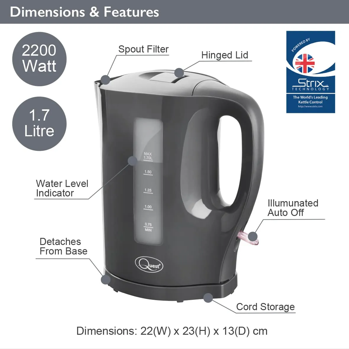 Quest 35219 1.7 Litre Electric Kettle/Grey/Cord Storage/Water Level Indicator/BPA Free/Automatic Cut-Off/Student Essentials for University