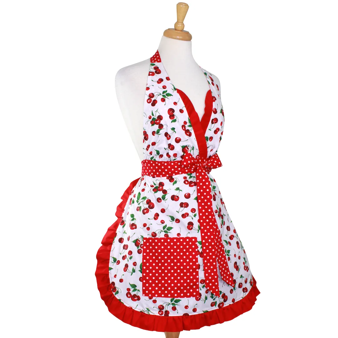 "Butter Me Up" Cherry Christmas Apron - Mrs. Claus' Cherry Pie Holiday Retro Apron