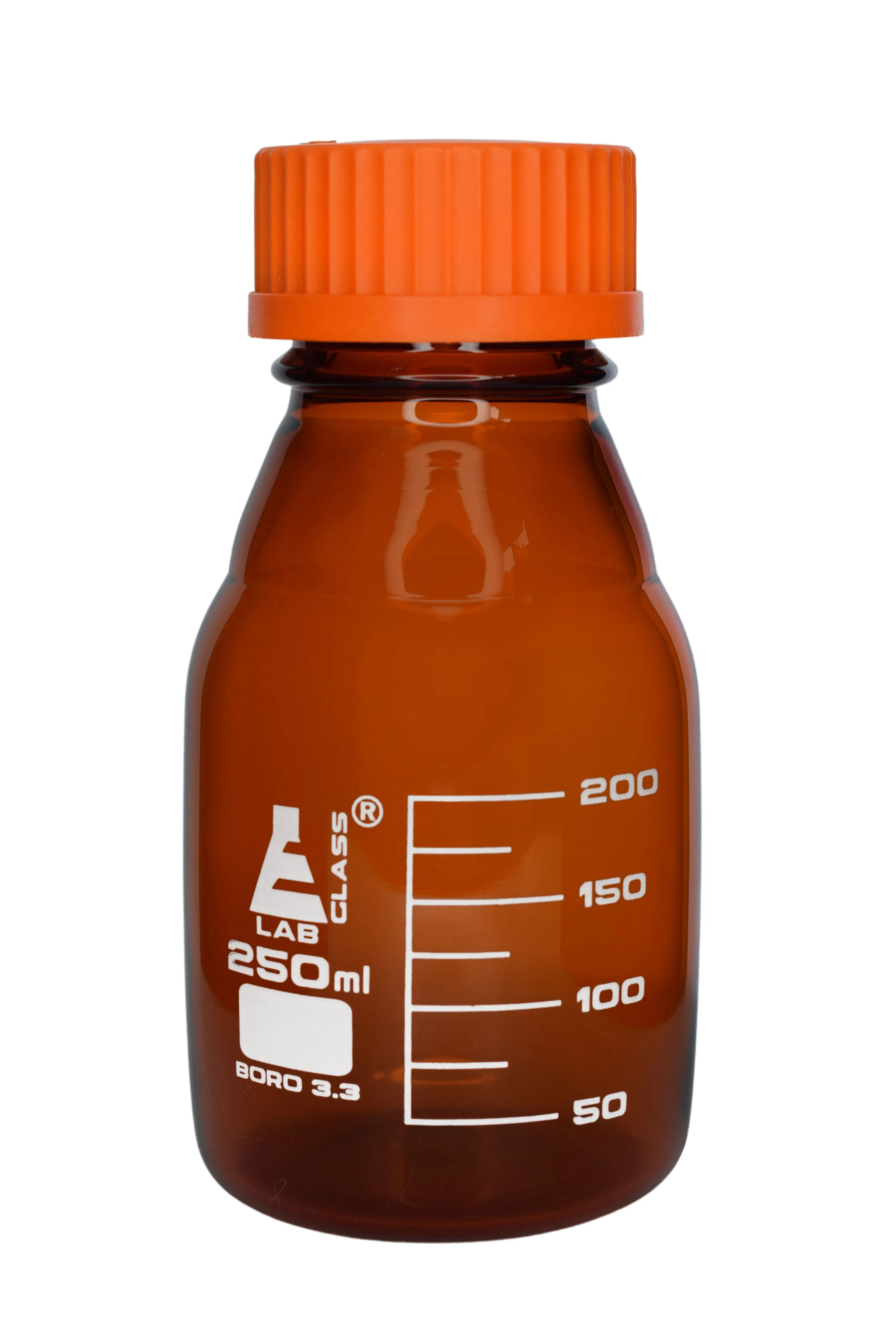 Reagent Bottle, 250ml - Amber Colored Glass - Orange Screw Cap - Borosilicate 3.3 Glass