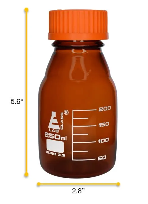 Reagent Bottle, 250ml - Amber Colored Glass - Orange Screw Cap - Borosilicate 3.3 Glass