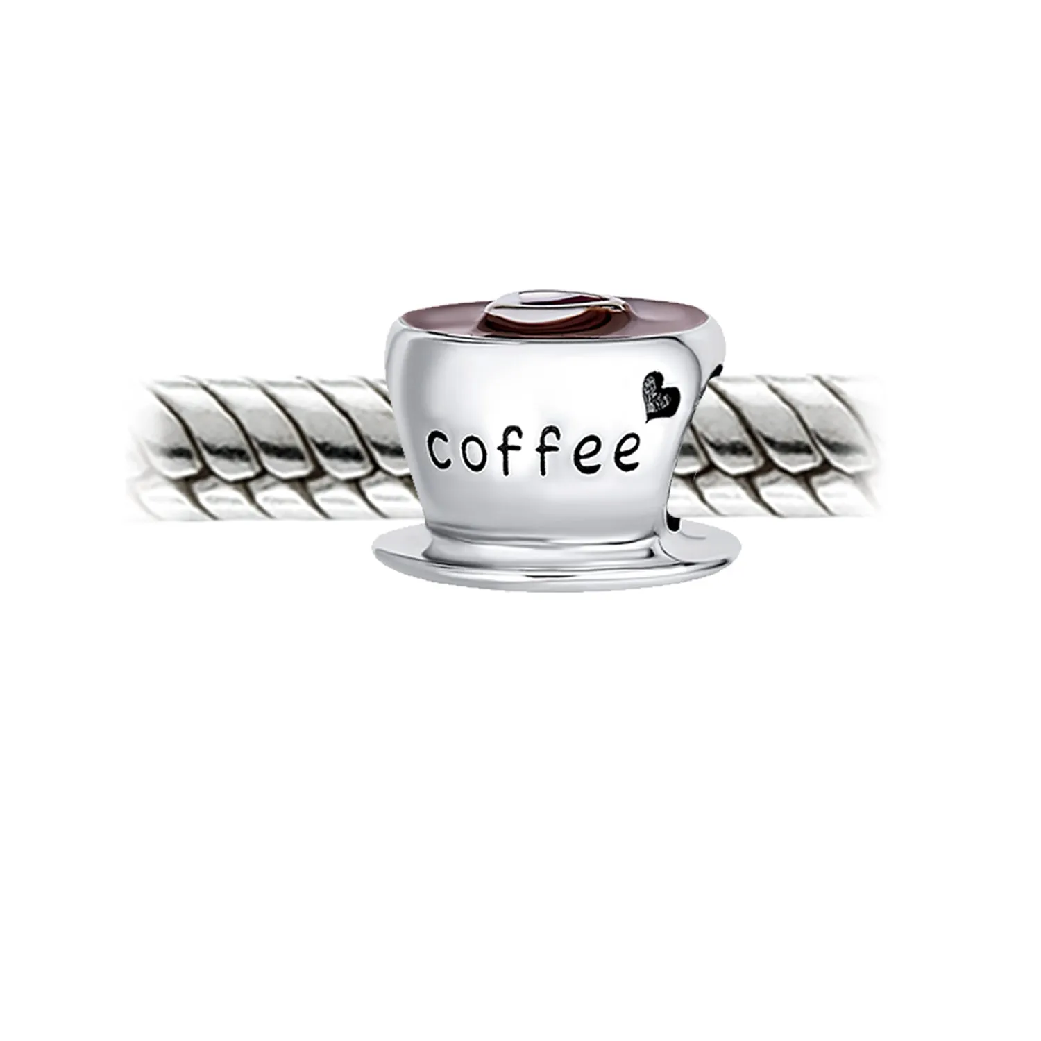 Red CZ Heart Coffee Cup Charm Bead Sterling Silver for European Bracelets