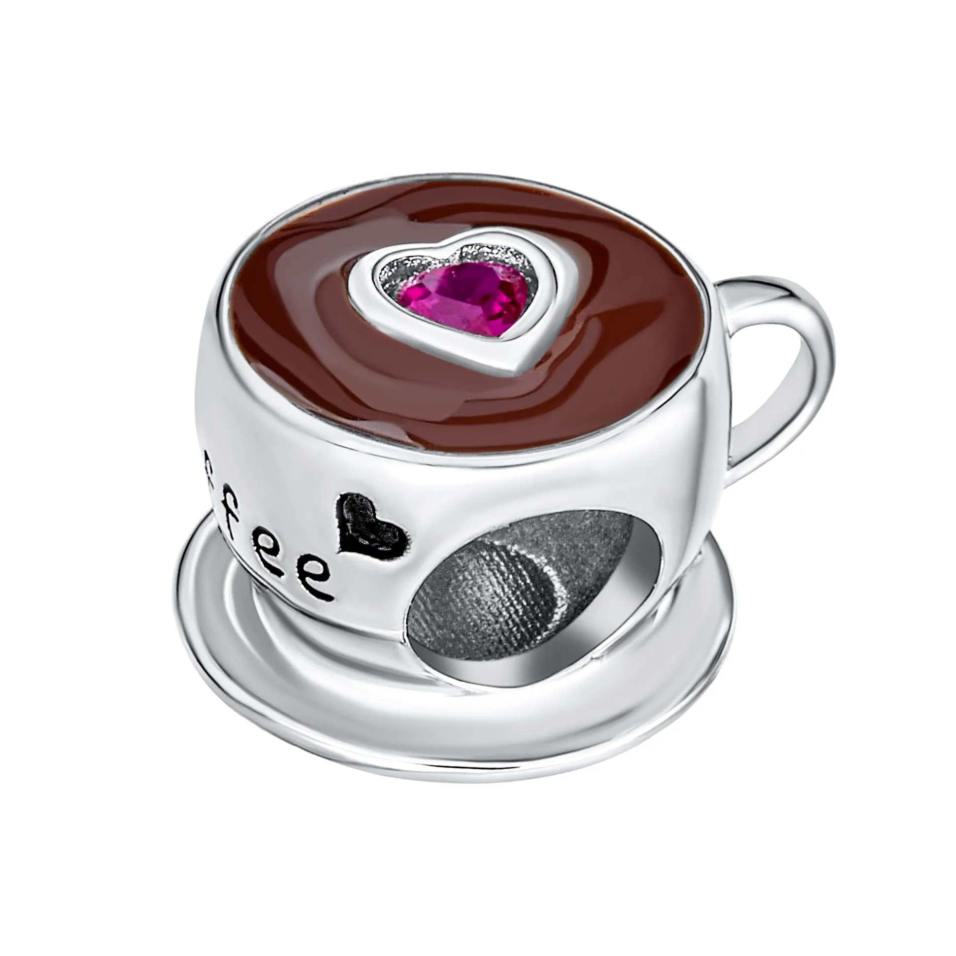 Red CZ Heart Coffee Cup Charm Bead Sterling Silver for European Bracelets