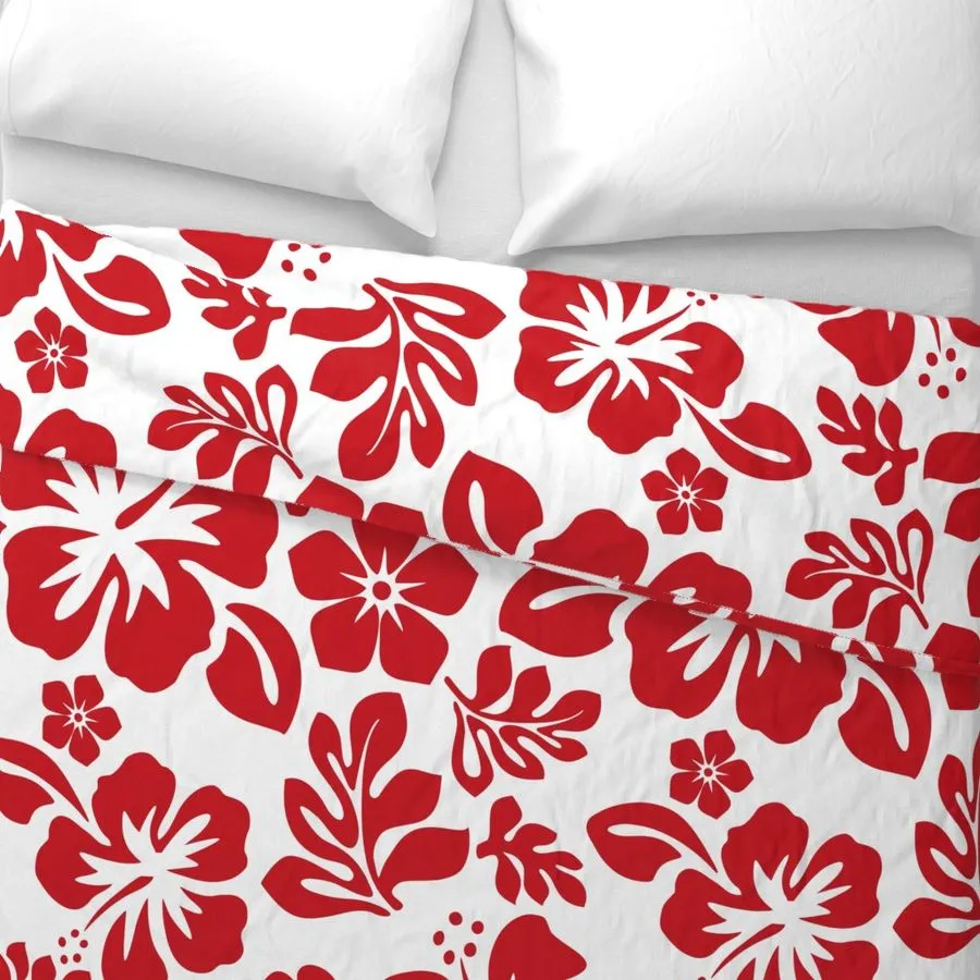 Red Hibiscus and Hawaiian Flowers on White Duvet Cover -Medium Scale