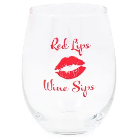 Red Lips Wine Sips 14 ounce Glass Stemless Wine Glass