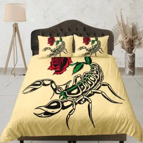 Scorpion beige duvet cover crustaceancore bedding set full queen king, scorpio zodiac astrology, gypsy bedspread, aesthetic room unisex gift