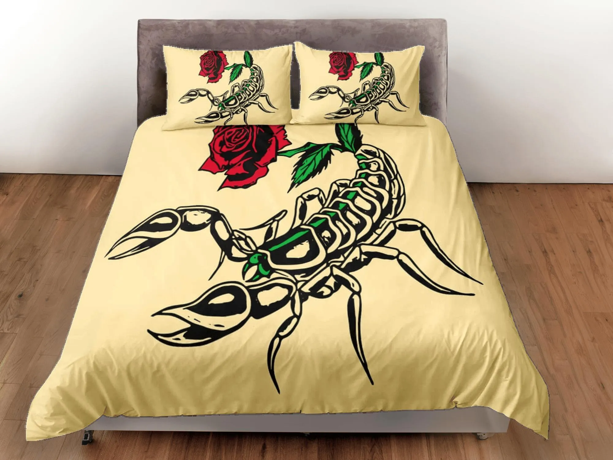 Scorpion beige duvet cover crustaceancore bedding set full queen king, scorpio zodiac astrology, gypsy bedspread, aesthetic room unisex gift