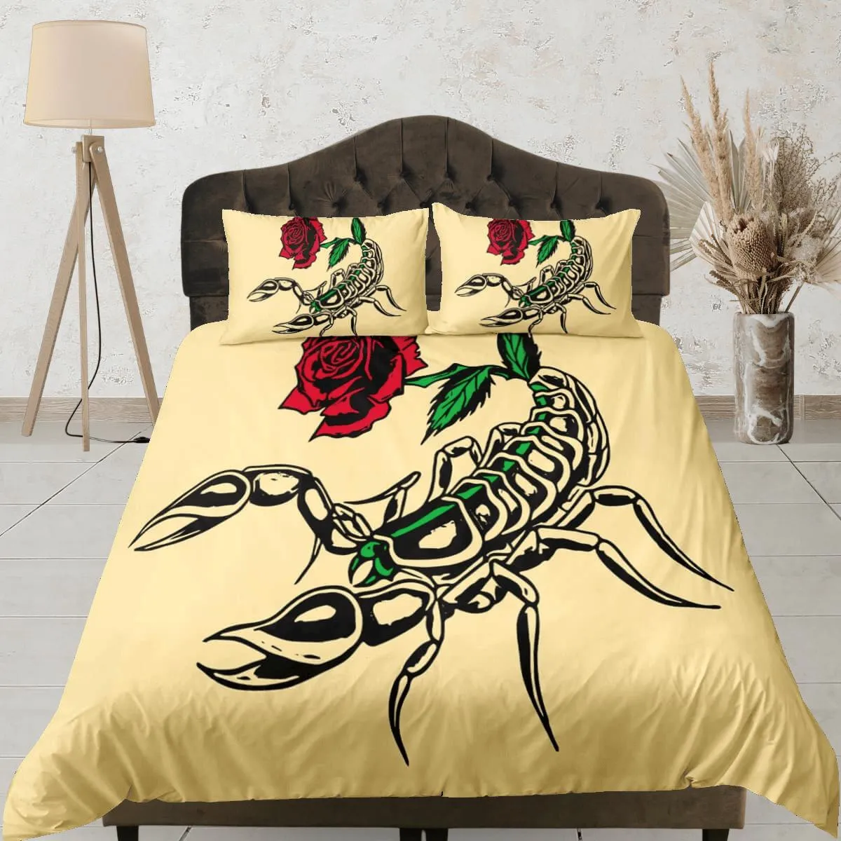 Scorpion beige duvet cover crustaceancore bedding set full queen king, scorpio zodiac astrology, gypsy bedspread, aesthetic room unisex gift