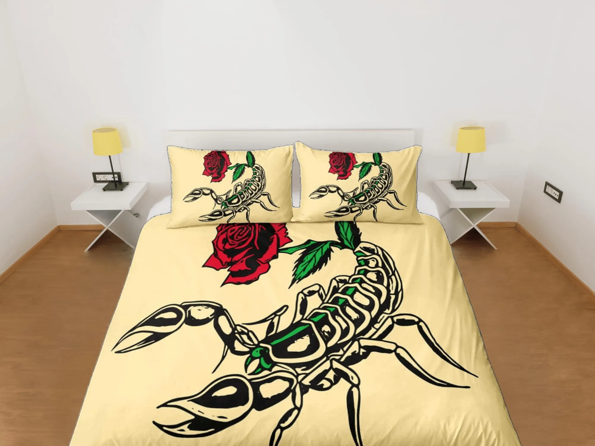 Scorpion beige duvet cover crustaceancore bedding set full queen king, scorpio zodiac astrology, gypsy bedspread, aesthetic room unisex gift