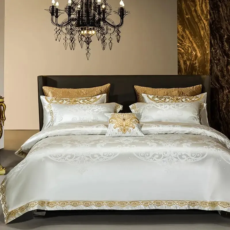 Silver Golden color King Queen Size Bed set Satin Jacquard Cotton Luxury Royal Bedding Set Bed Sheet set Duvet cover Bedlinens