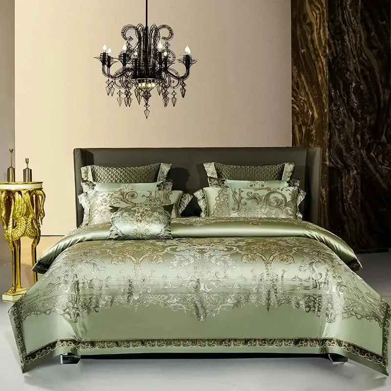 Silver Golden color King Queen Size Bed set Satin Jacquard Cotton Luxury Royal Bedding Set Bed Sheet set Duvet cover Bedlinens