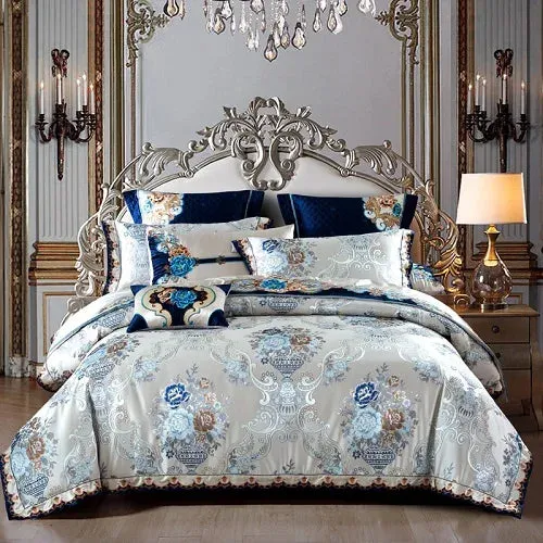 Silver Golden color King Queen Size Bed set Satin Jacquard Cotton Luxury Royal Bedding Set Bed Sheet set Duvet cover Bedlinens