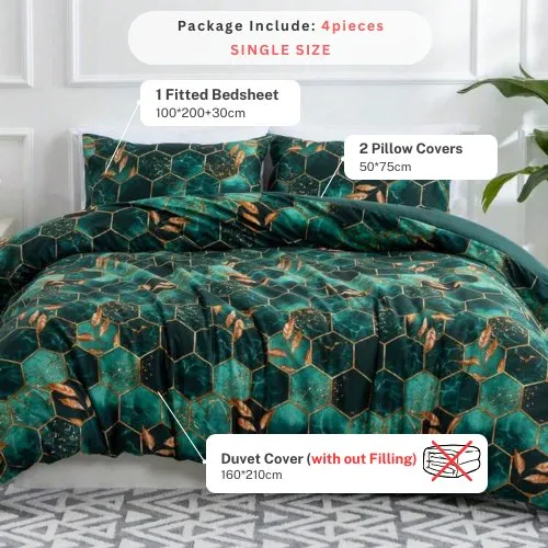 Single Size 4 pieces, Green Marble Design Duvet Cover set.