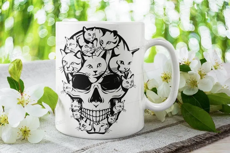 skull cat skeleton, ceramic cat skull mug ,cat skull coffee mug gift,halloween skeleton mug