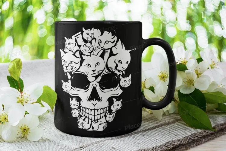 skull cat skeleton, ceramic cat skull mug ,cat skull coffee mug gift,halloween skeleton mug