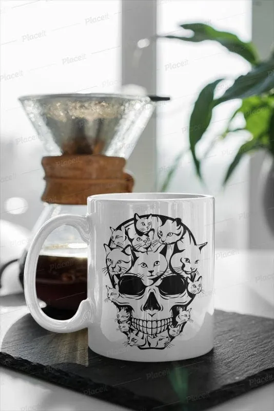 skull cat skeleton, ceramic cat skull mug ,cat skull coffee mug gift,halloween skeleton mug