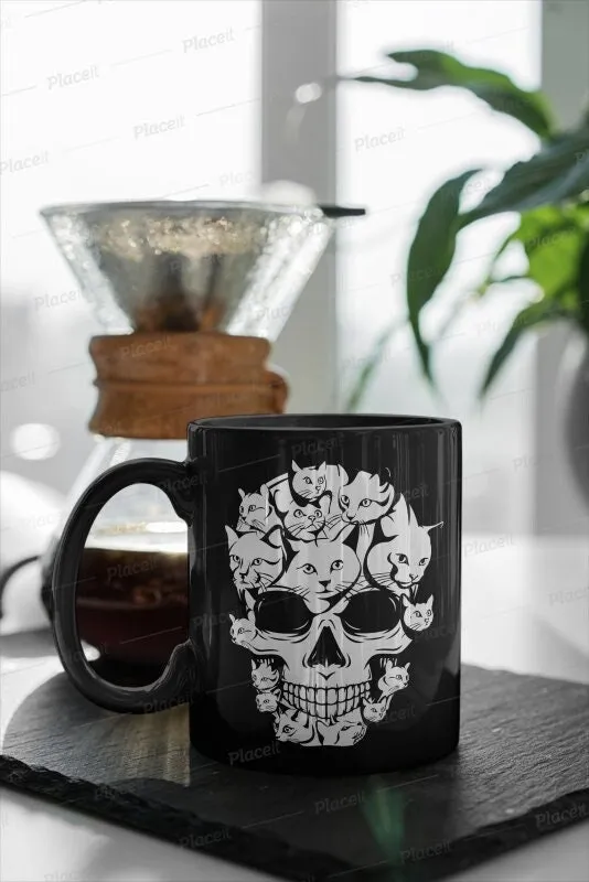 skull cat skeleton, ceramic cat skull mug ,cat skull coffee mug gift,halloween skeleton mug