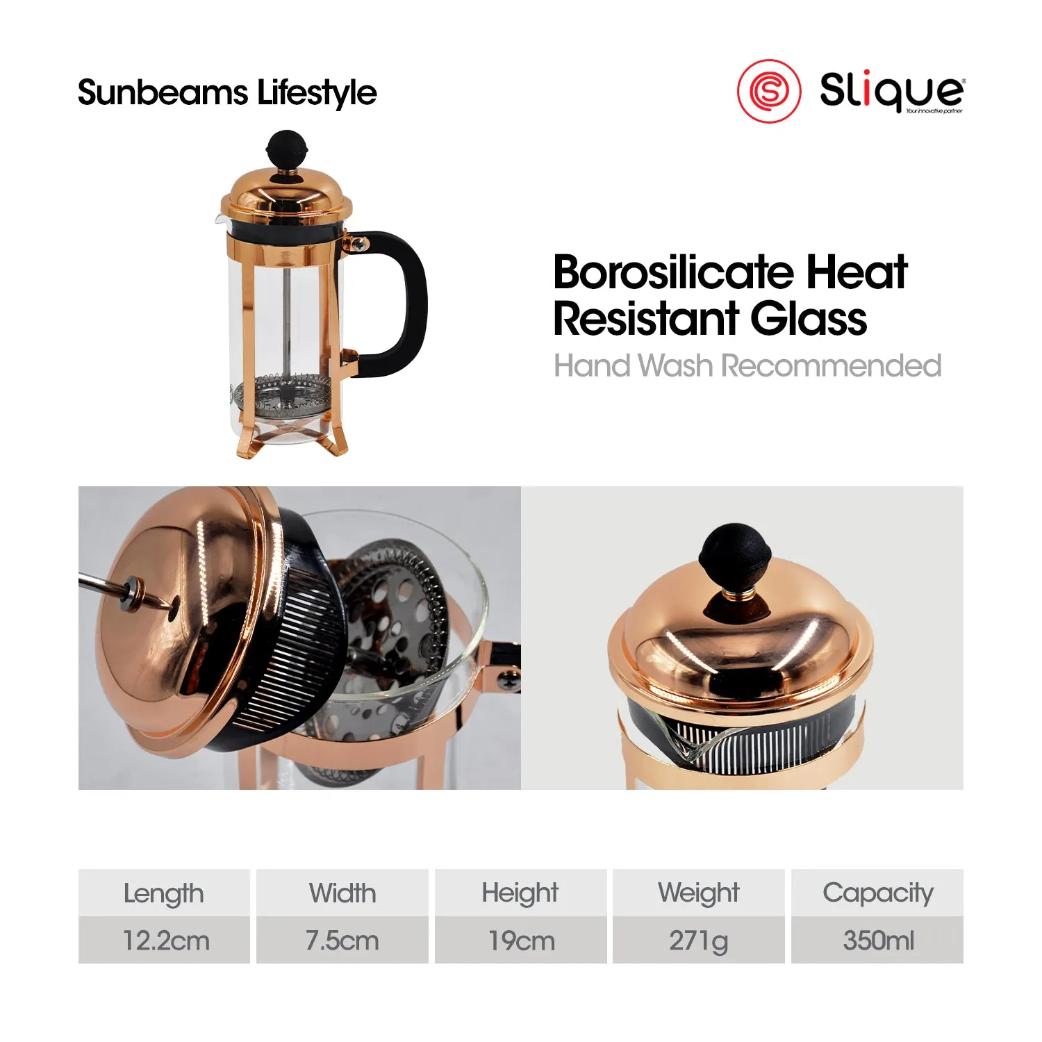 SLIQUE Premium Copper French Coffee Press 300ml (Rosegold)